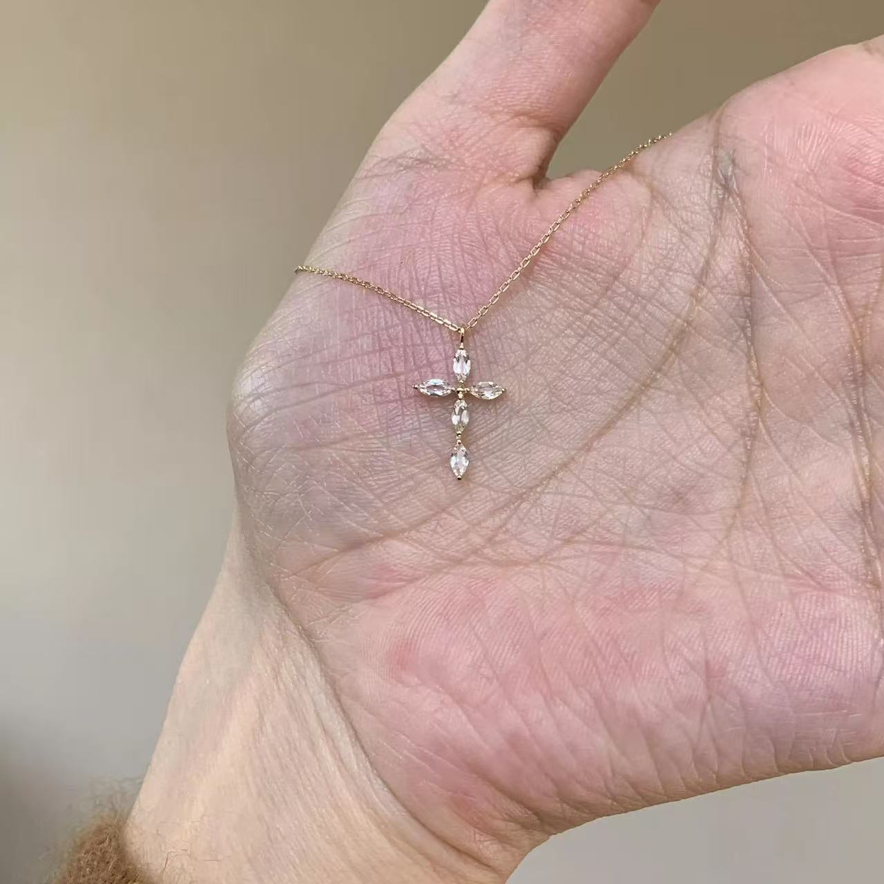 Copper Cross Necklace With Zircon Inlay On Cable Chain, Simple Style For Women