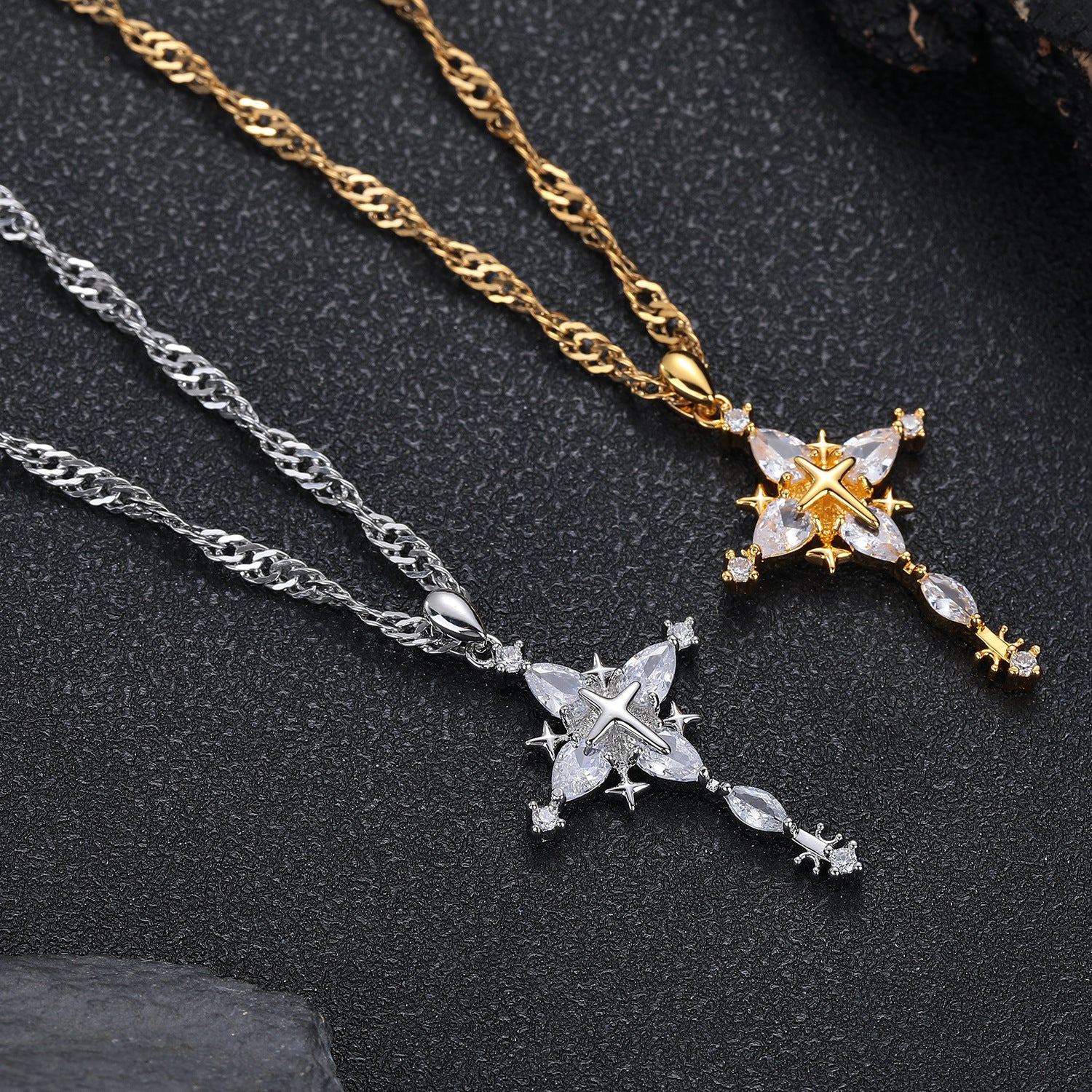 Men's Hip-Hop Gold Cross Necklace Featuring Copper Pendant Material With Rhinestone Inlay