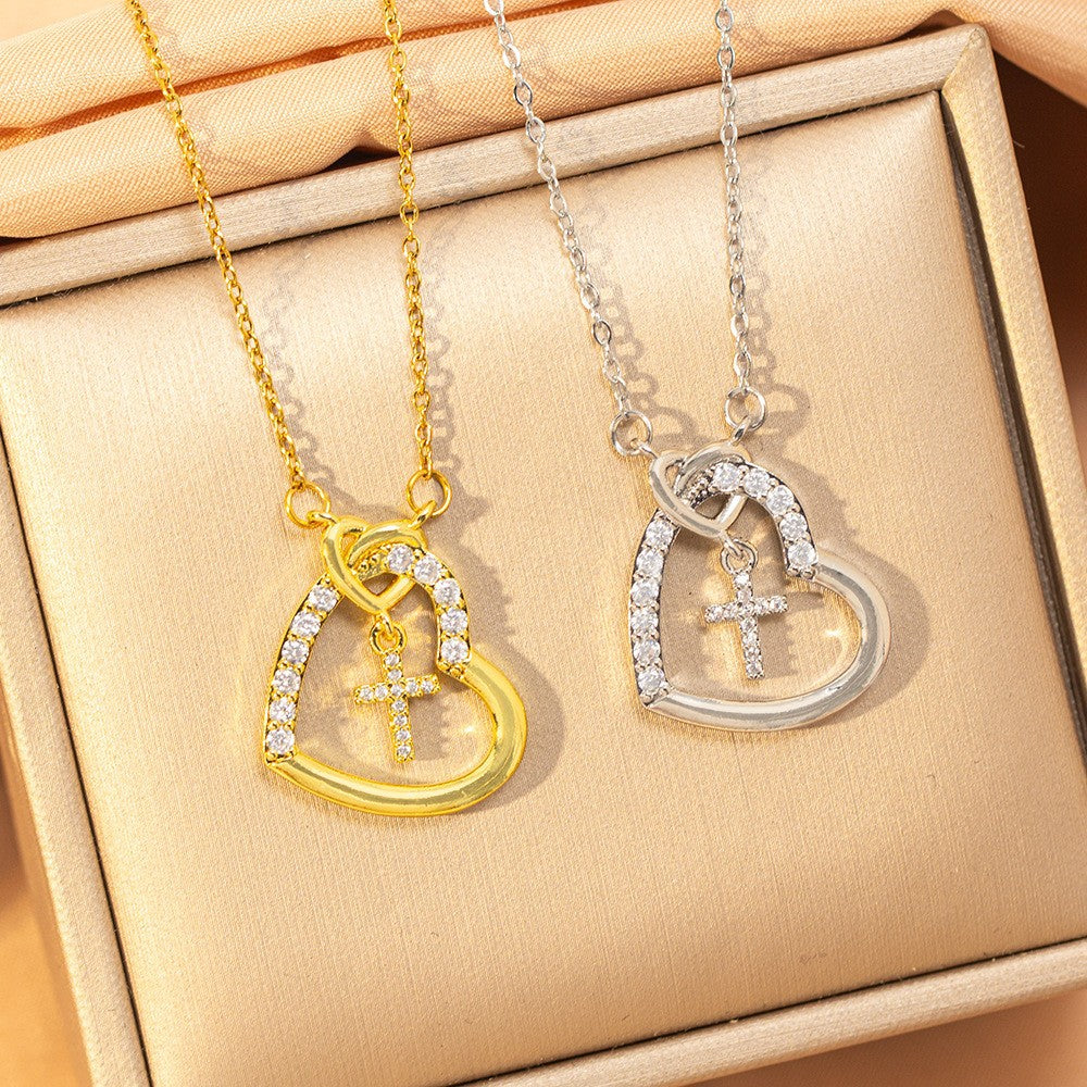 Heart Shape Waterproof Non Tarnish Gold Titanium Steel Necklace With Zircon Inlay And Cable Chain For Women