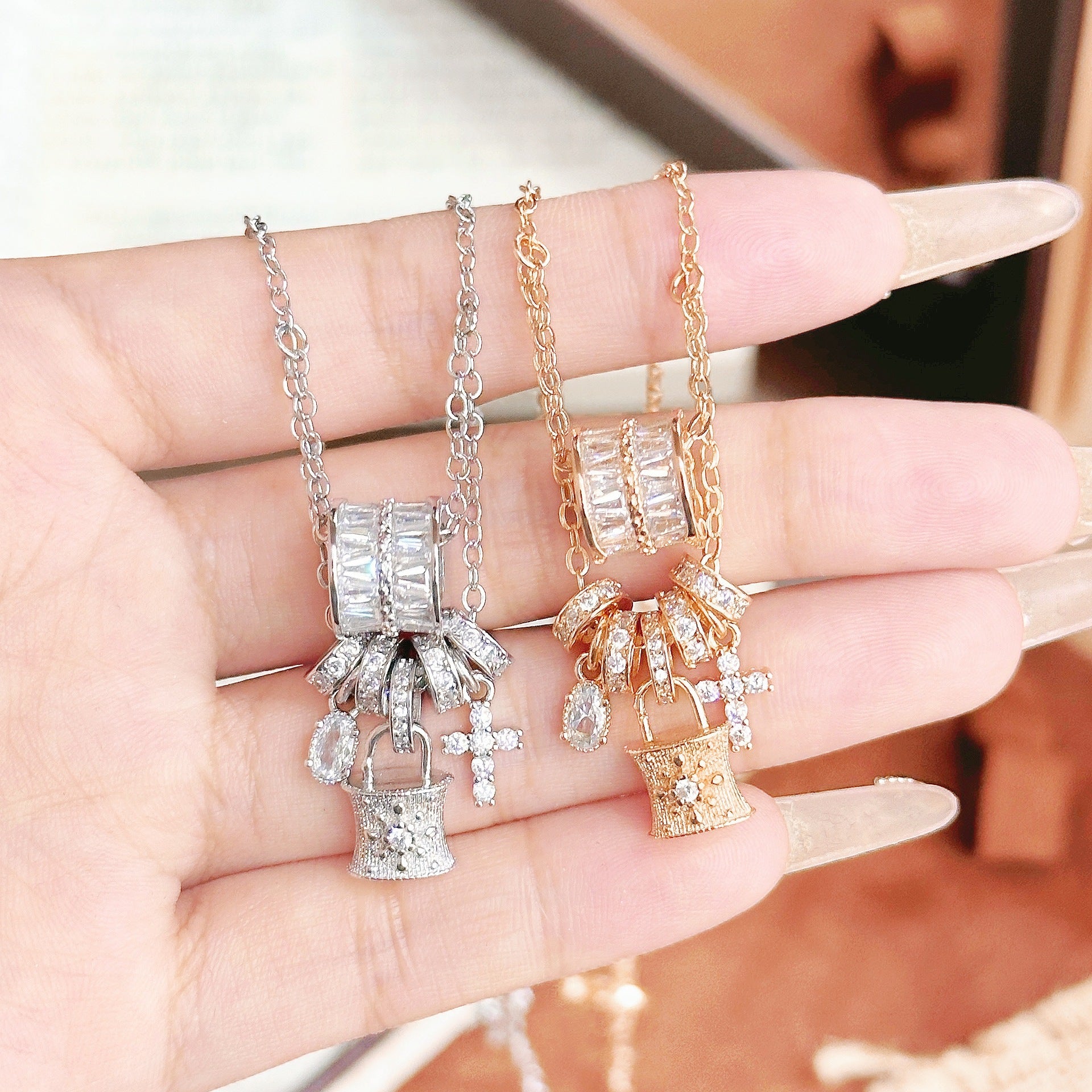 Cross Pendant Necklace For Women In Champagne, Featuring Copper Chain And Pendant With Electroplated Finish