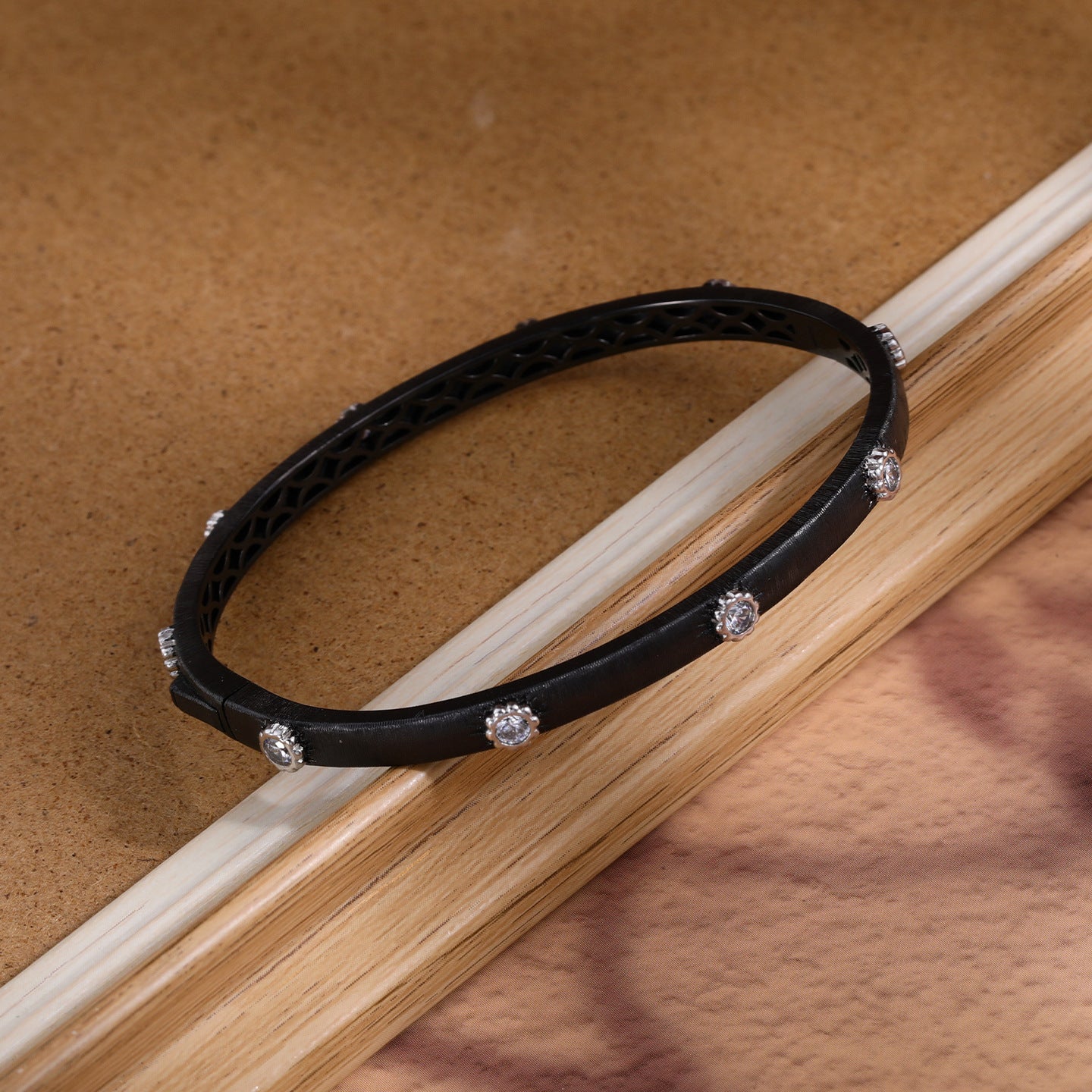 Brushed 925 Sterling Silver Round Bangle In Dyed Black