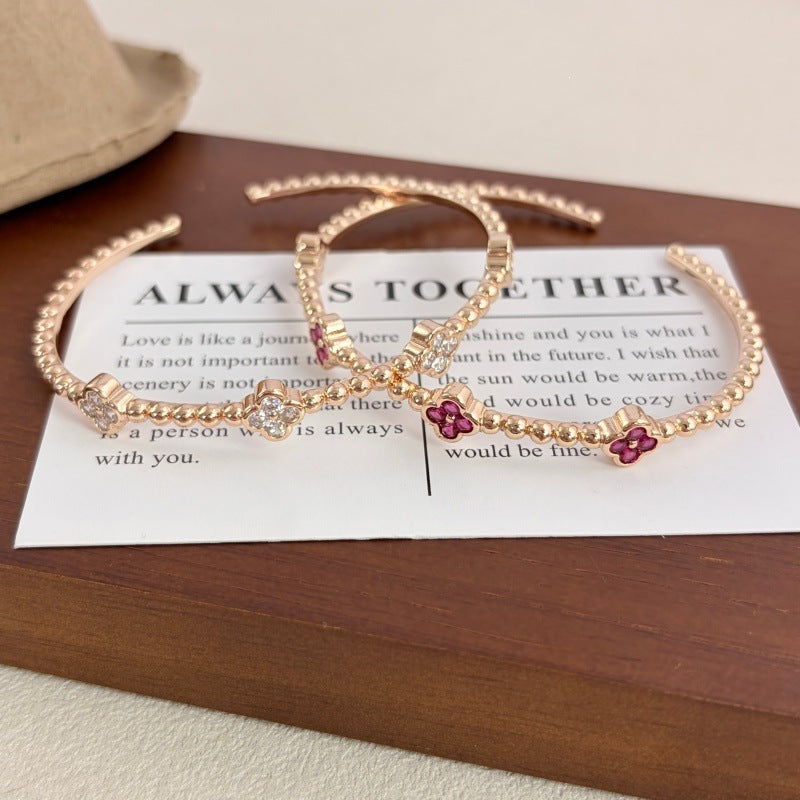 Lucky Heart Beaded Bangle In Electroplated Copper With Champagne Beads