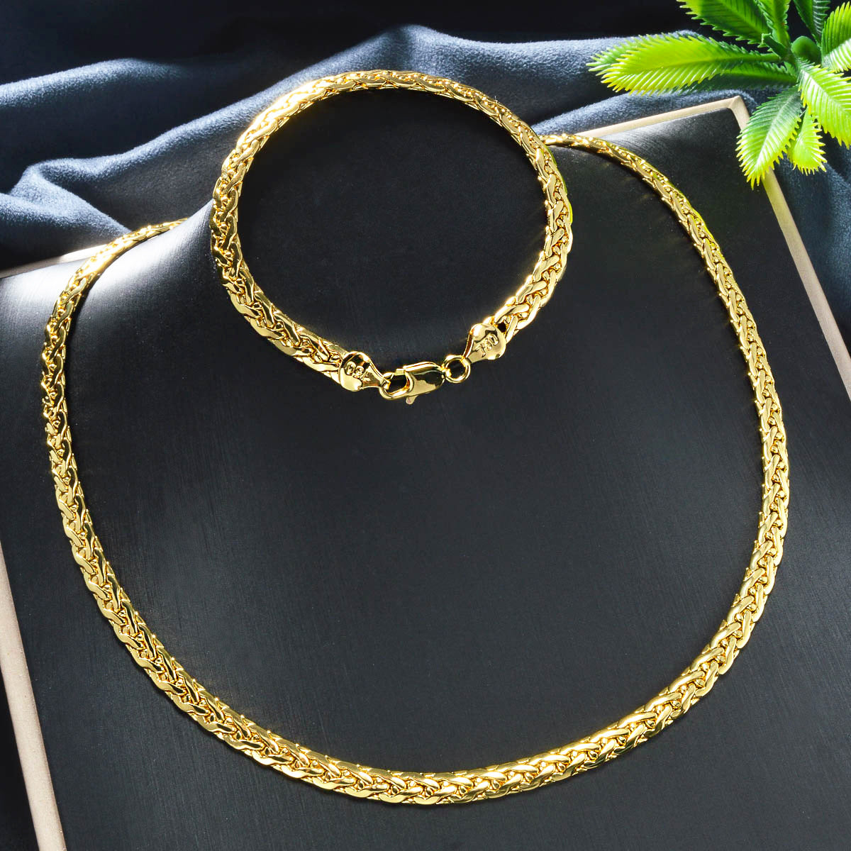 Unisex Geometric Braid Jewelry Set In Copper With 18K Real Gold Electroplated Finish And Snake Chain