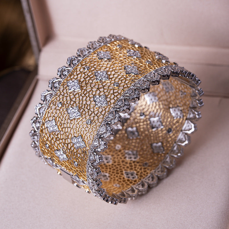 Lace Inlay Bangle In 925 Sterling Silver With Electroplated Golden Plating, Elegant Gold Bracelet