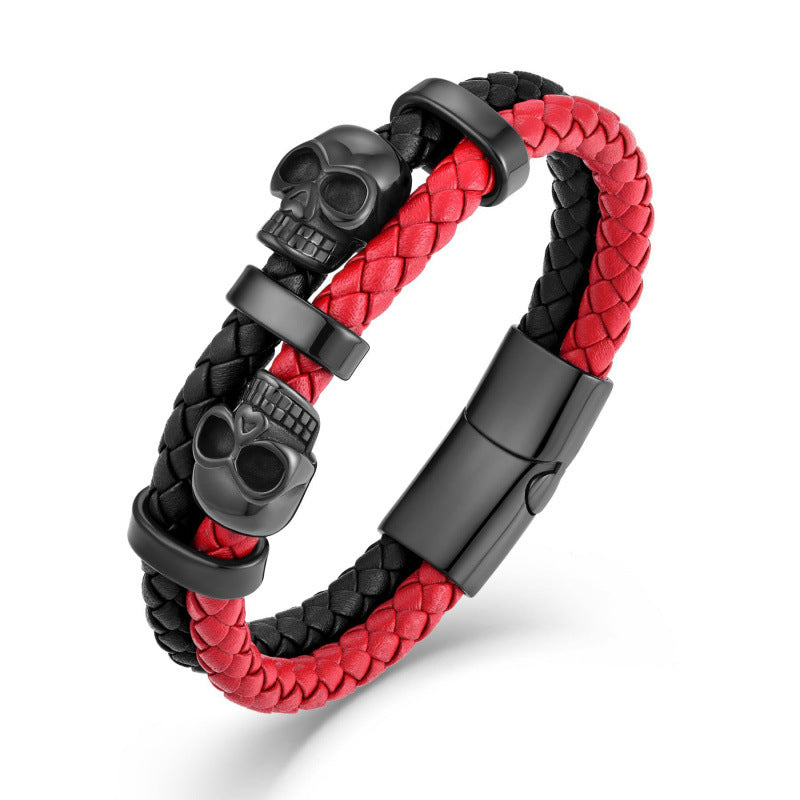 Handmade Halloween Skull Bracelet For Men In Simple Style, Featuring Steel Color PU Leather With Rope Chain Material