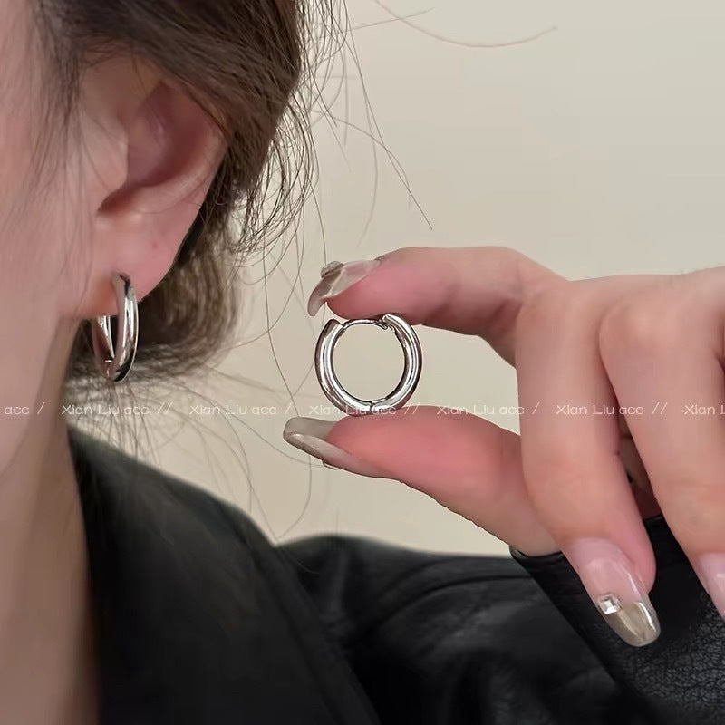 Geometric Silver Hoop Earrings For Women In Simple Style With 304 Stainless Steel Alloy Posts