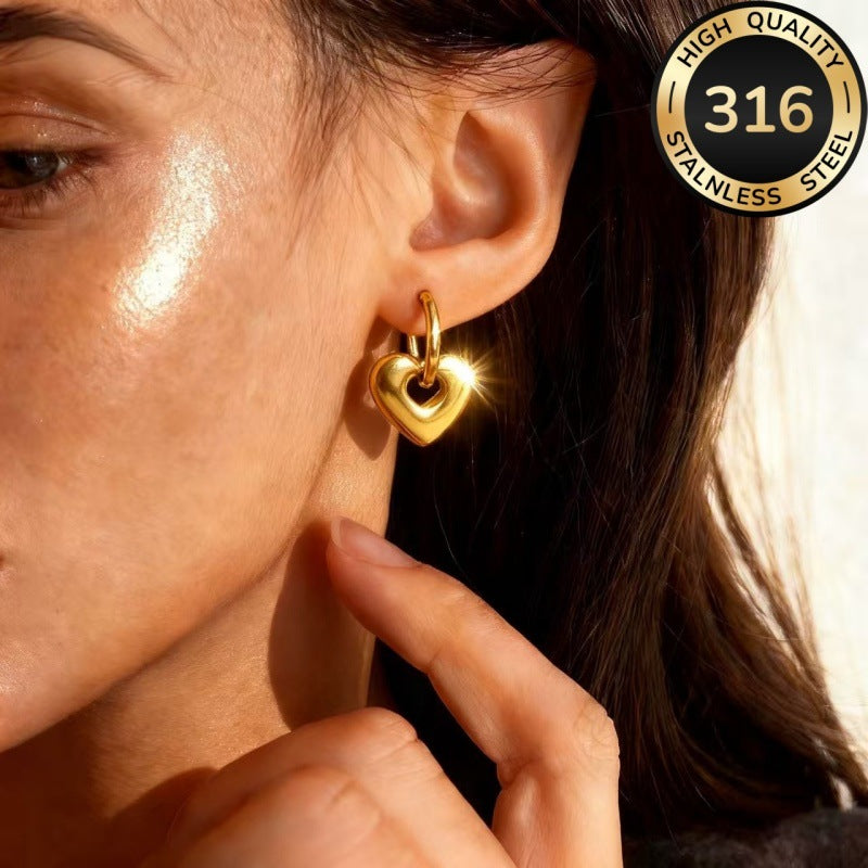 Heart Shape Stud Earrings For Women In Gold Featuring Electroplated Finish With 316 Stainless Steel Posts