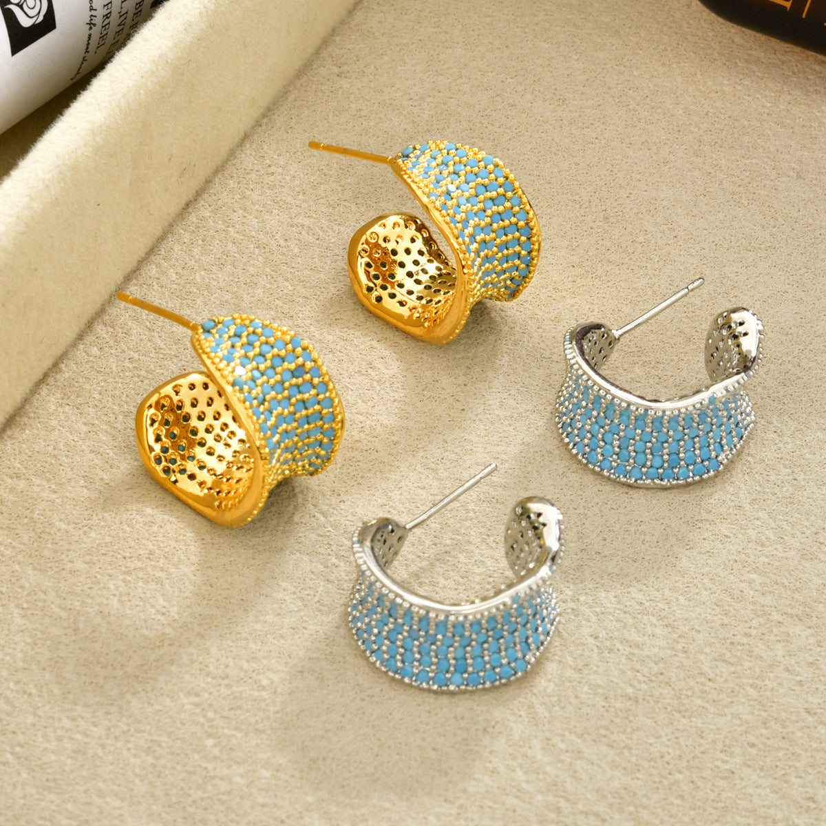 C Shape Stud Earrings For Women Featuring 18K Real Gold Plated Copper With Zircon Inlay In Gold