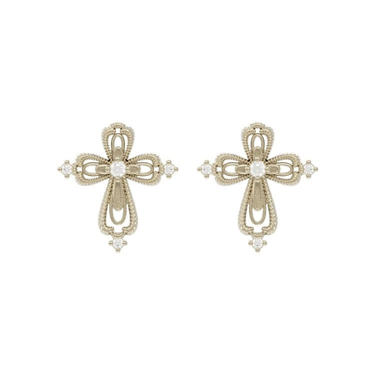 Cross Stud Earrings For Women In Maillard Style Featuring Copper Alloy With Real Gold Plated And Zircon Inlay