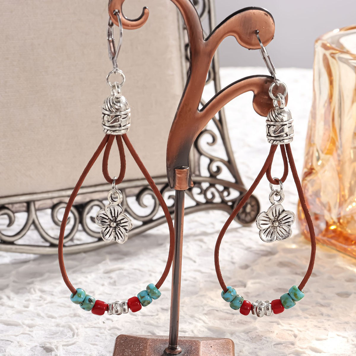 Bohemian Flowers Earrings For Women Featuring Beading Craft With Jade Inlay And Zinc Alloy Material