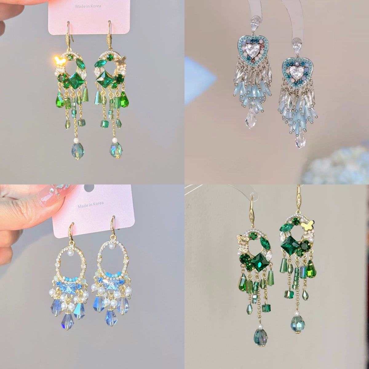 Bohemian Tassel Earrings For Women In Green Alloy With Rhinestone Inlay