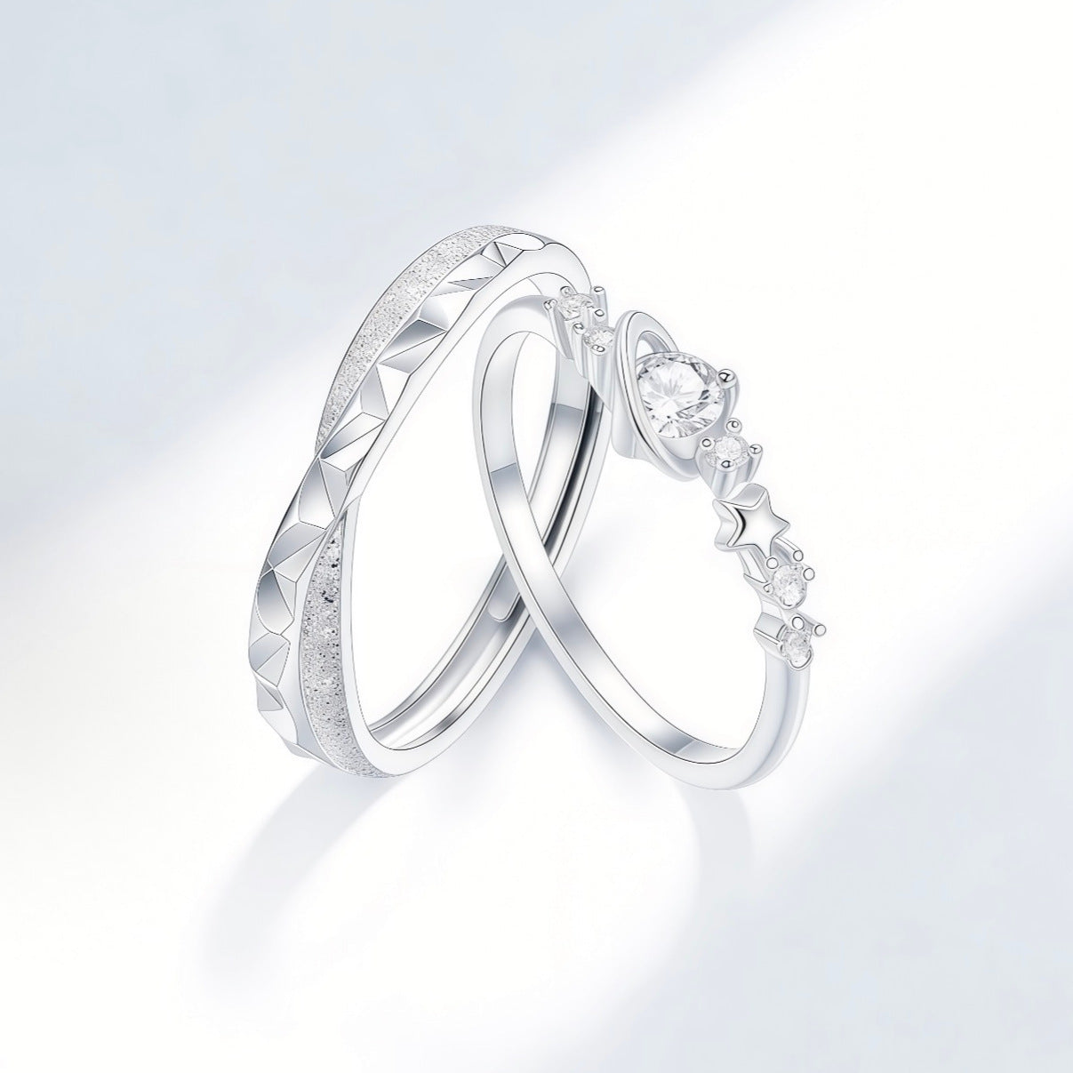 Couple Star Rings In Electroplated Copper With Rhinestone Inlay, Elegant Matching Jewelry Set