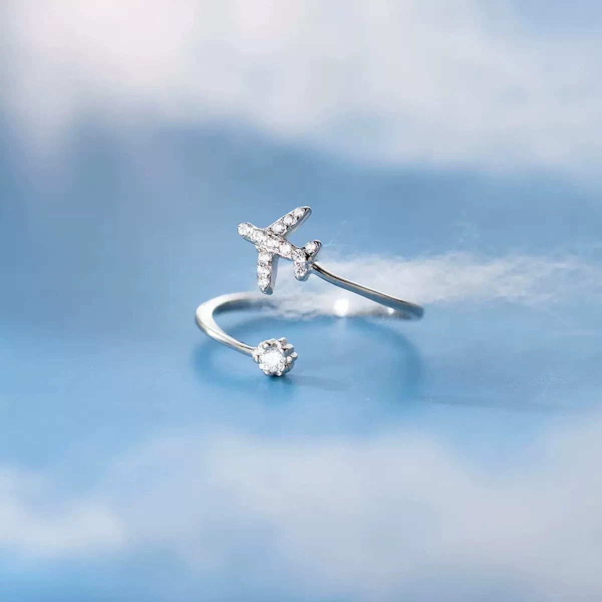 Sweet Airplane Open Ring For Women In Electroplated Copper With Rhinestone Inlay