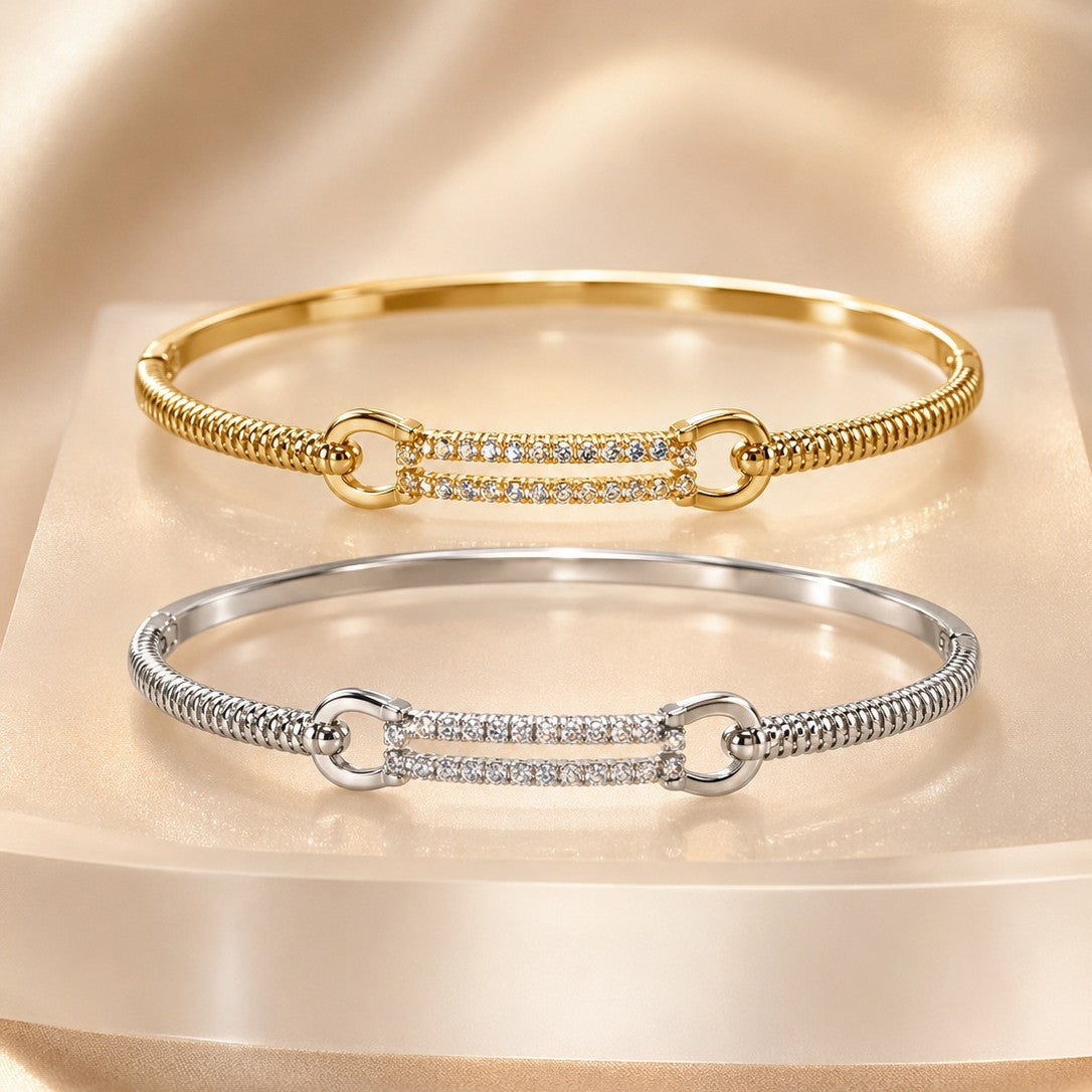 Geometric Twist Copper Bangle With Zircon Inlay In Simple Style For Women