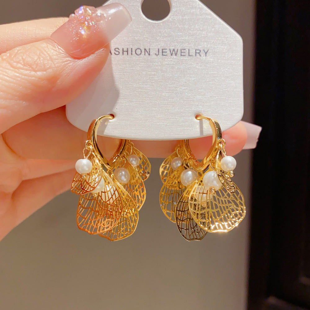 Exaggerated Leaves Drop Earrings For Women In Gold Real Gold Plated Copper With Ear Clips