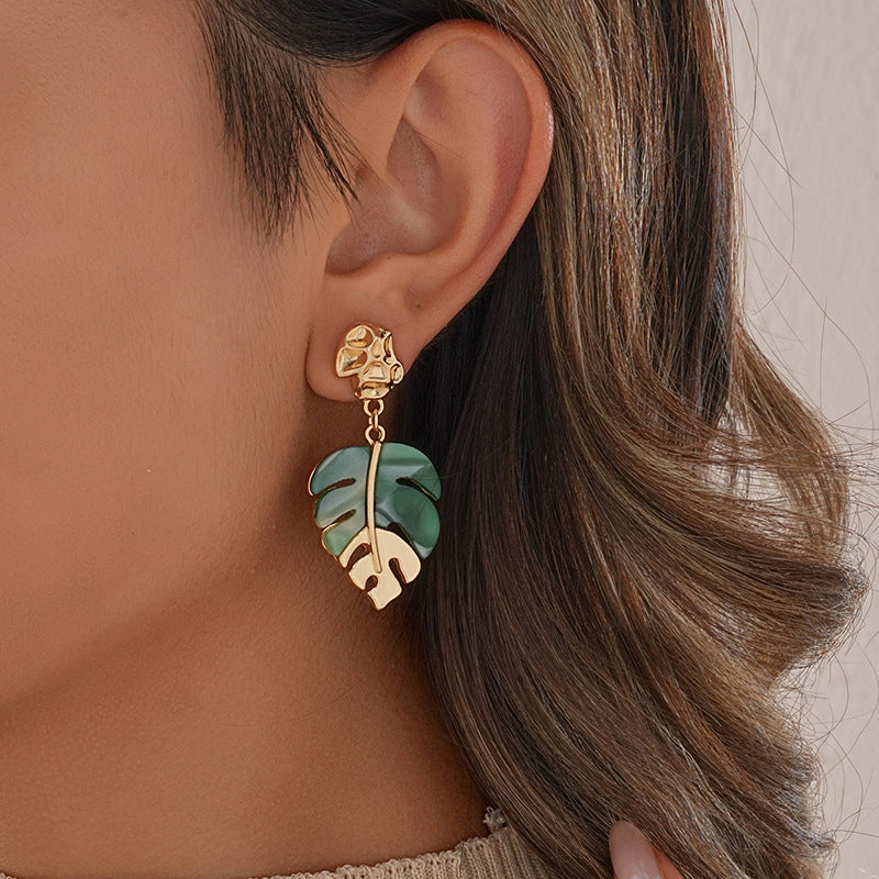 Leaves Drop Earrings For Women In Green Alloy With Resin Inlay, Featuring Tropical Style
