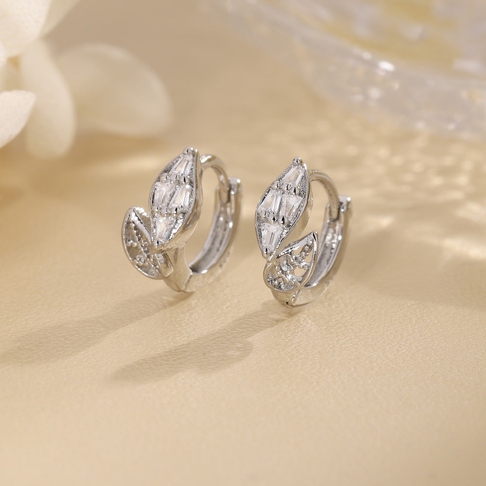 Leaves Earrings With Copper Ear Pins Featuring Zircon Inlay, Sweet Style For Women