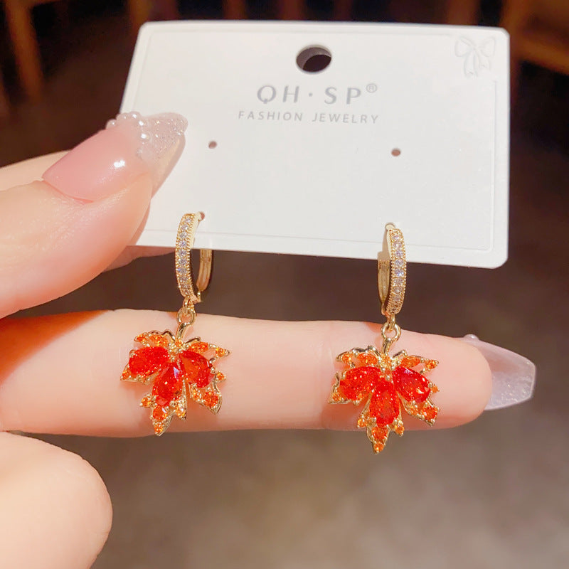 Luxurious Maple Leaf Elaborate Copper Earrings With Rhinestones For Women, Drop Earrings