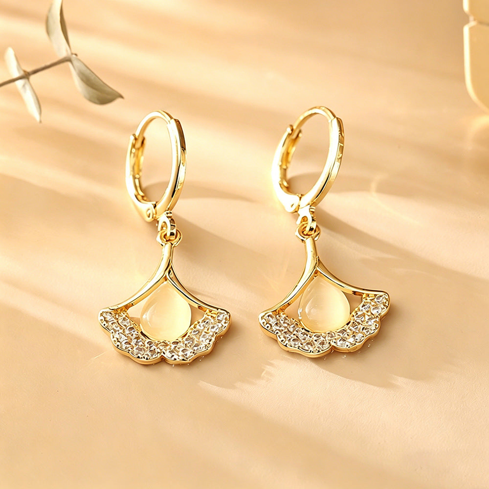 Ginkgo Leaf Earrings For Women In Real Gold Plated Copper With Cat's Eye Stone Inlay