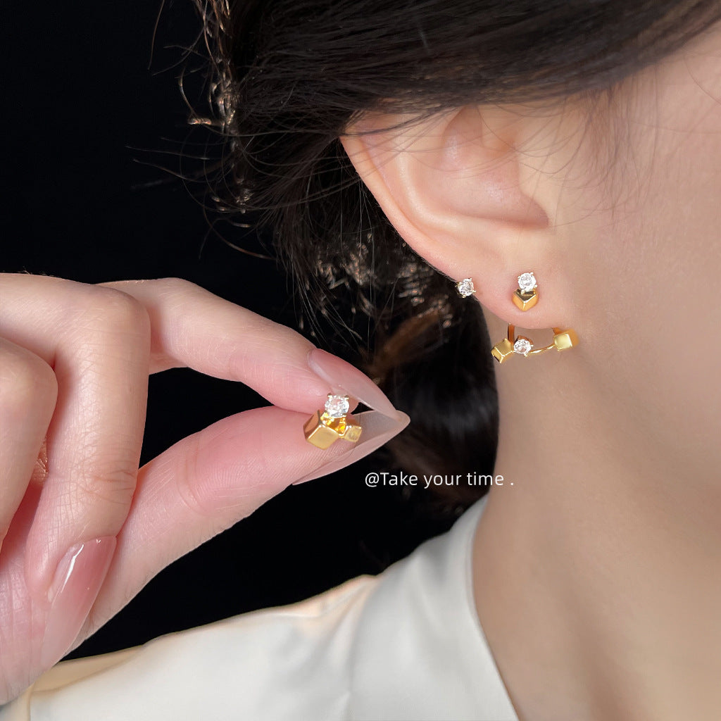 Geometric Asymmetrical Silver Plated Copper Earrings For Women Featuring Zircon Inlay In Silver