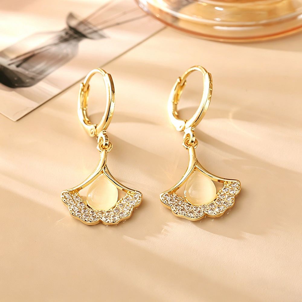 Sweet Ginkgo Leaf Earrings For Women In Real Gold Plated Copper With Cat's Eye Stone Inlay