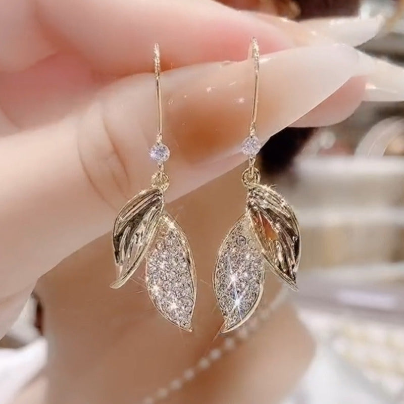 Leaves Tassel Ear Hook Earrings For Women Featuring Copper Alloy Material With Rhinestone Inlay And Copper Ear Pins