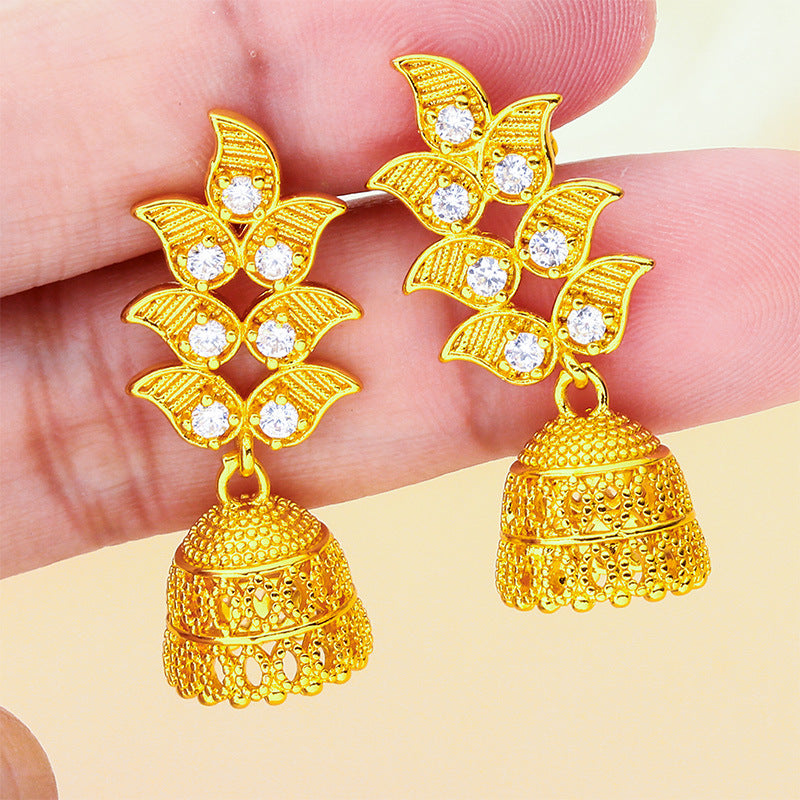 Leaves Earrings For Women In White Brass With Glass Inlay Featuring Copper Ear Pins