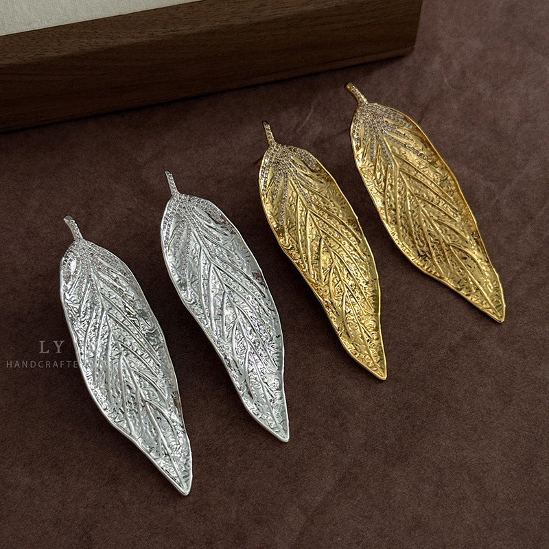 Leaf Carving Drop Earrings For Women With 925 Sterling Silver Posts, Copper Base, Real Gold Plated And Rhinestone Inlay