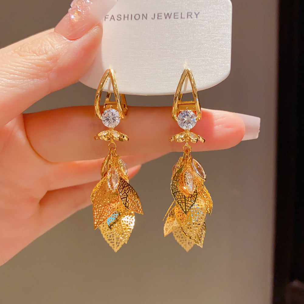 Exaggerated Leaves Tassel Drop Earrings For Women In Real Gold Plated Copper