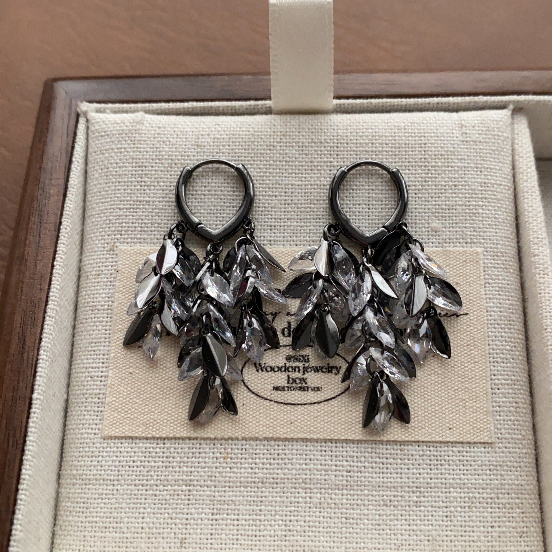 Gothic Feather Tassel Drop Earrings For Women In Dyed Black Copper With Zircon Inlay