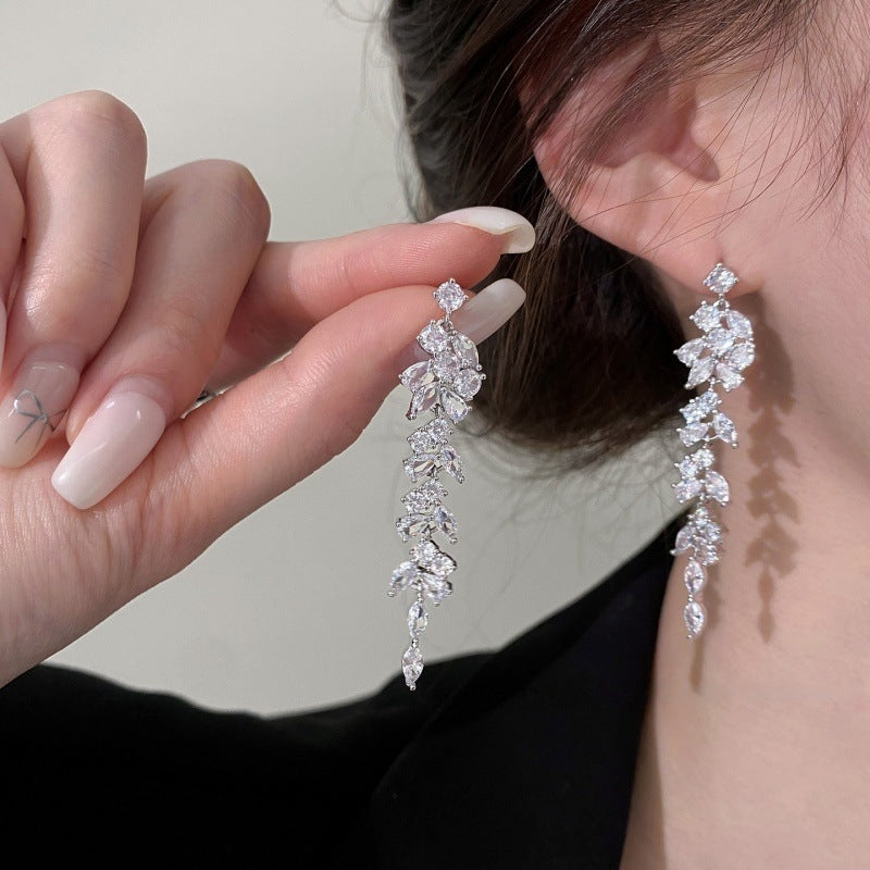 New Style Leaves Tassel Drop Earrings For Women In Copper With Zircon Inlay