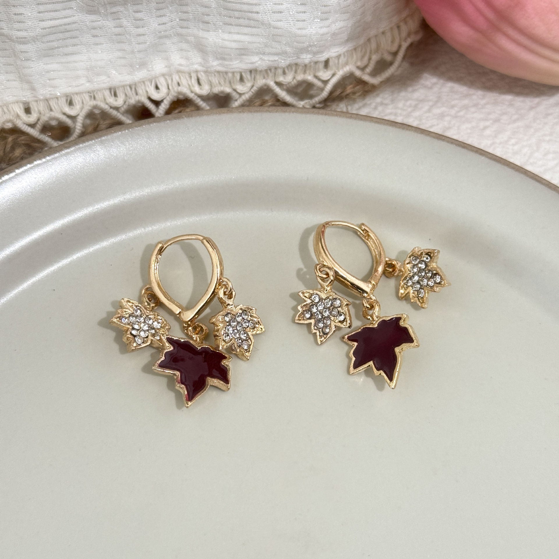 Maple Leaf Alloy Earrings With Rhinestones, Featuring 925 Sterling Silver Studs In Retro Style For Women