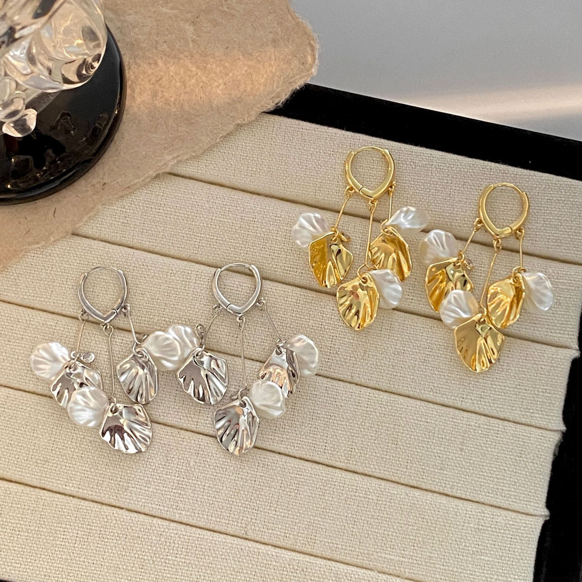 Elaborate Gold Leaves Earrings For Women With Copper Ear Pins And Acrylic Inlay Material