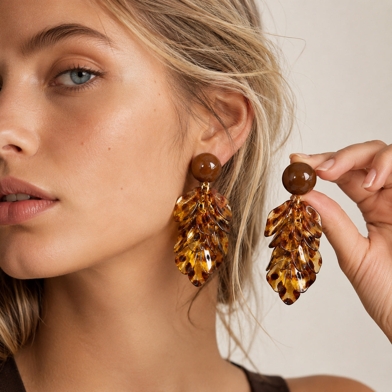 Maillard Style Caramel Acrylic Leaves Tassel Drop Earrings For Women