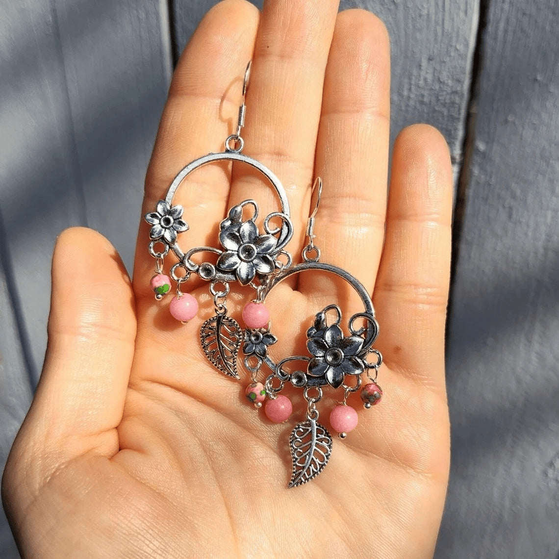 Bohemian Silver Flowers Dangling Earrings For Women With Beading Craft And Gem Inlay, Made Of Zinc Alloy
