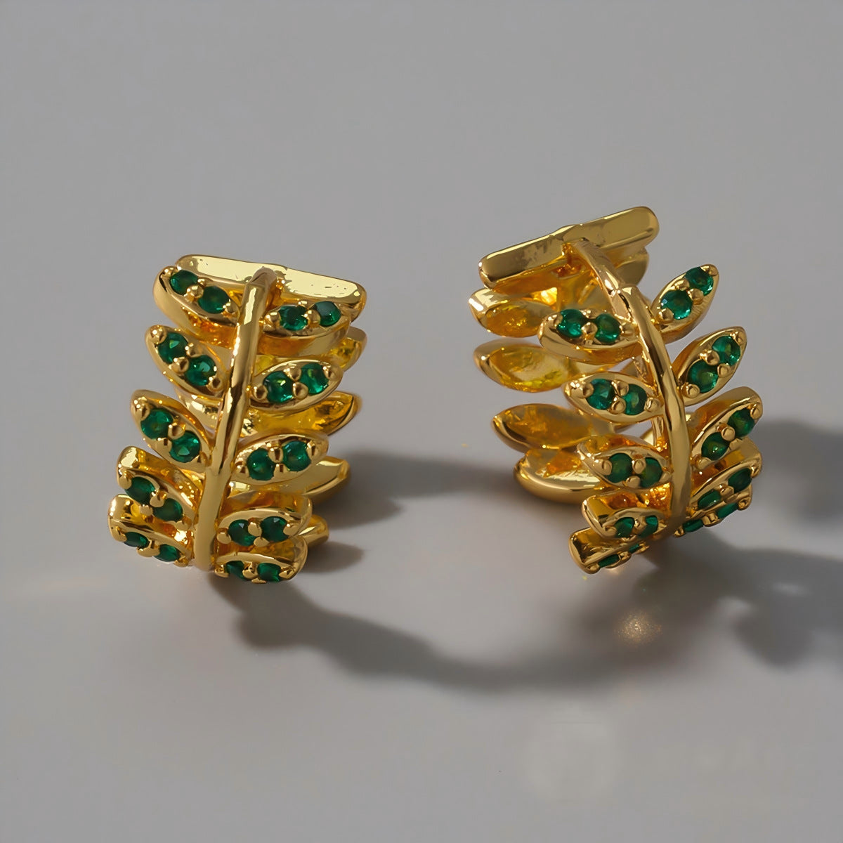 Leaves Earrings For Women In 18K Real Gold Plated Brass With Copper Ear Pins And Zircon Inlay