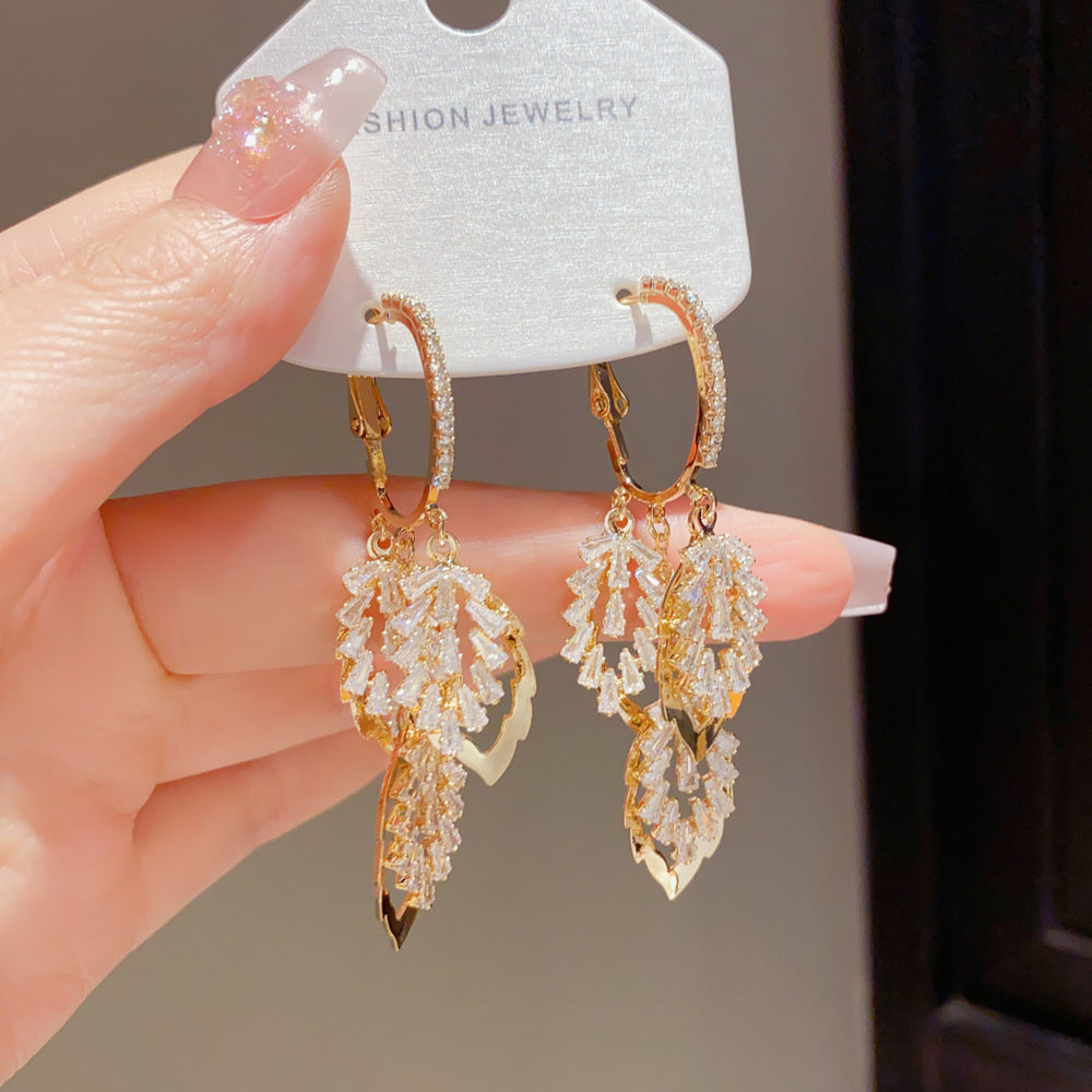 Exaggerated Leaves Drop Earrings For Women With Copper Ear Pins, Real Gold Plated And Zircon Inlay