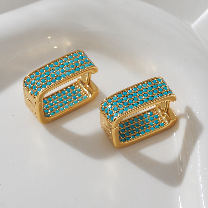 Luxurious U Shape Clip Earrings For Women With Turquoise And Rhinestone Inlay