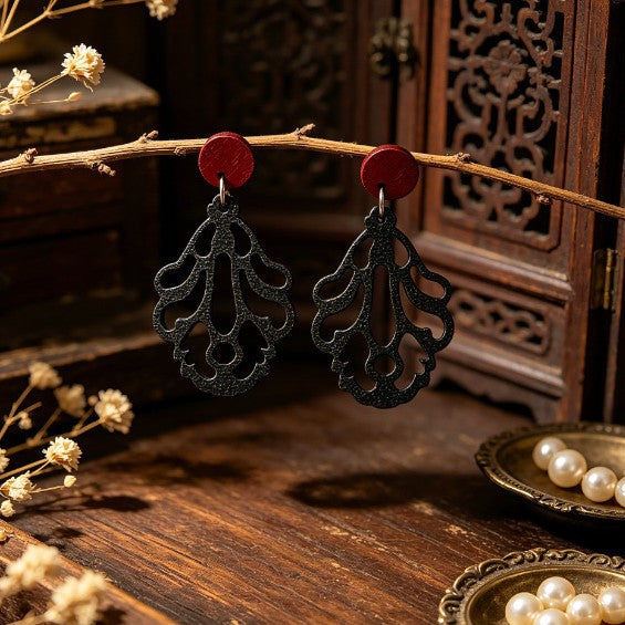 Bohemian Dyed Black Wood Leaves Earrings With Iron Ear Pins For Women