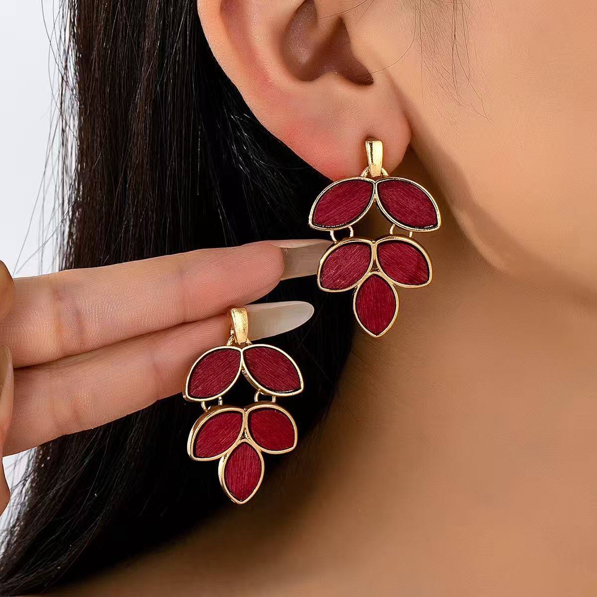 Leaves Earrings For Women In Wine Red Zinc Alloy Featuring Electroplated Finish With 304 Stainless Steel Ear Pins