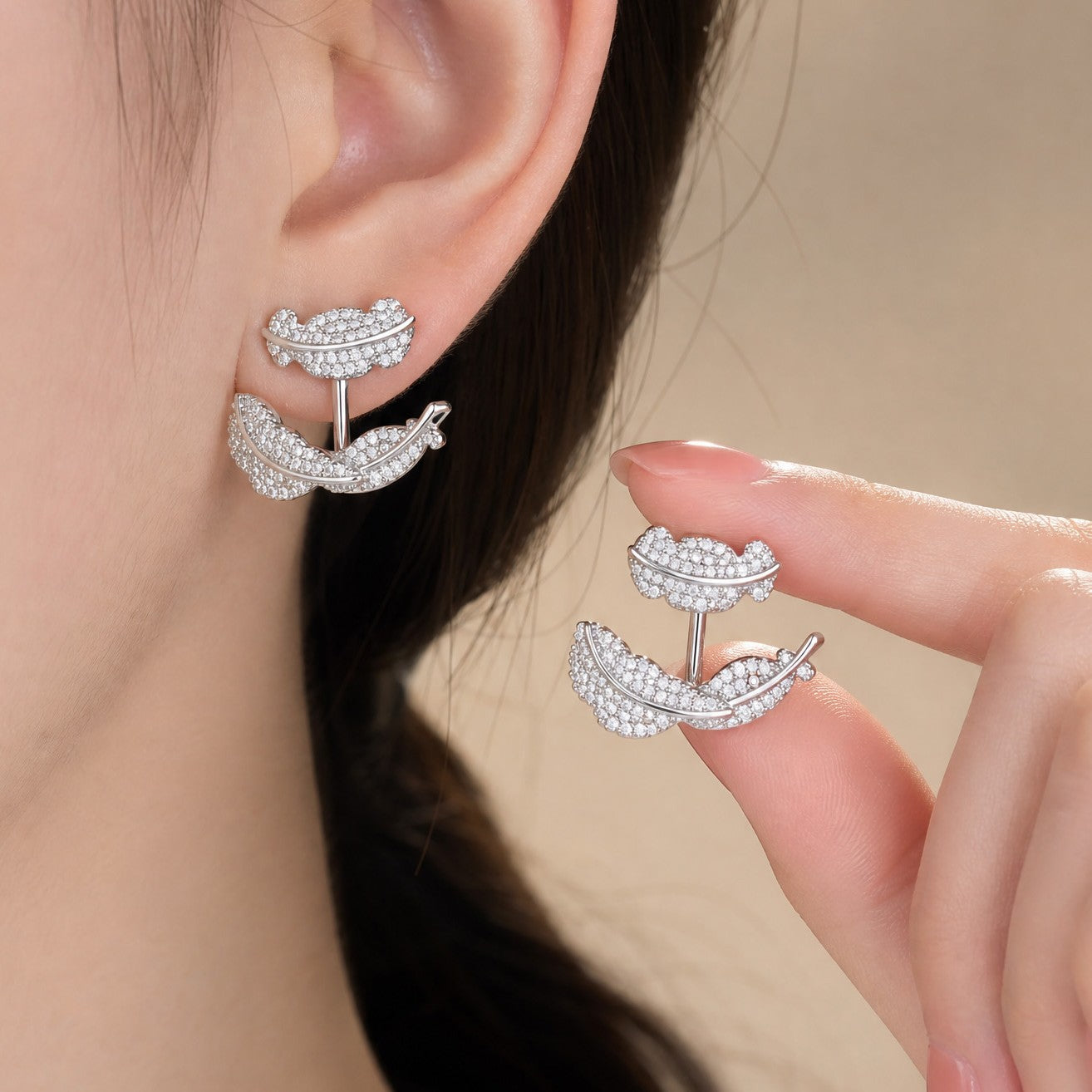 Leaves Earrings For Women In Silver Copper With Zircon Inlay, Featuring Real Gold Plated Material