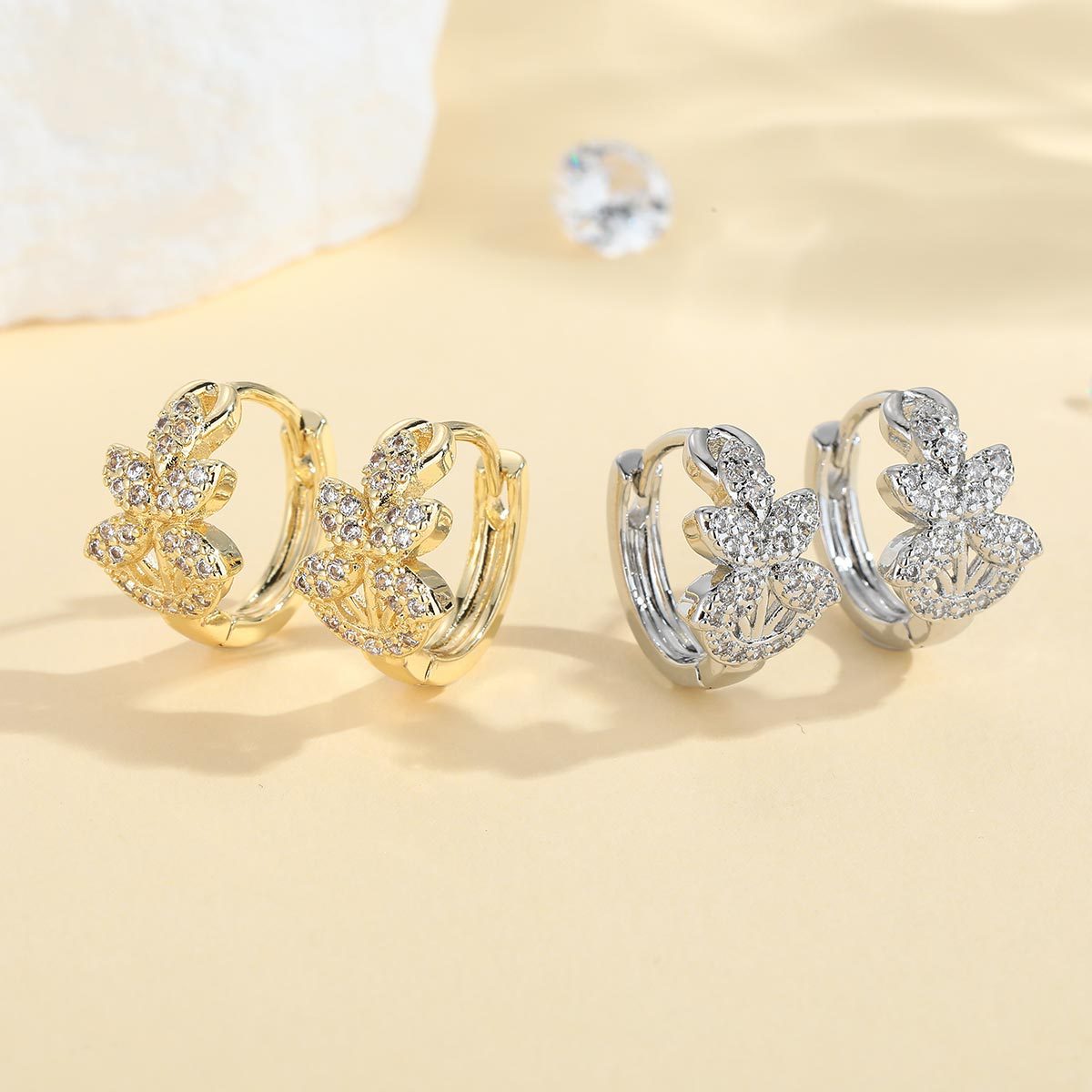 Gold Leaves Hoop Earrings For Women Featuring Copper Ear Pins And Zircon Inlay Material