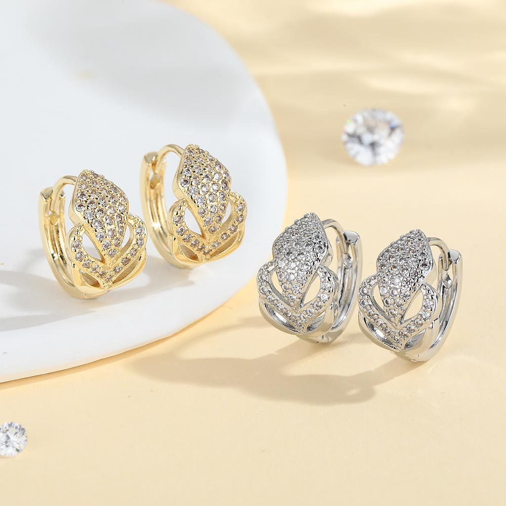 Gold Leaves Earrings For Women Featuring Copper Ear Pins And Zircon Inlay