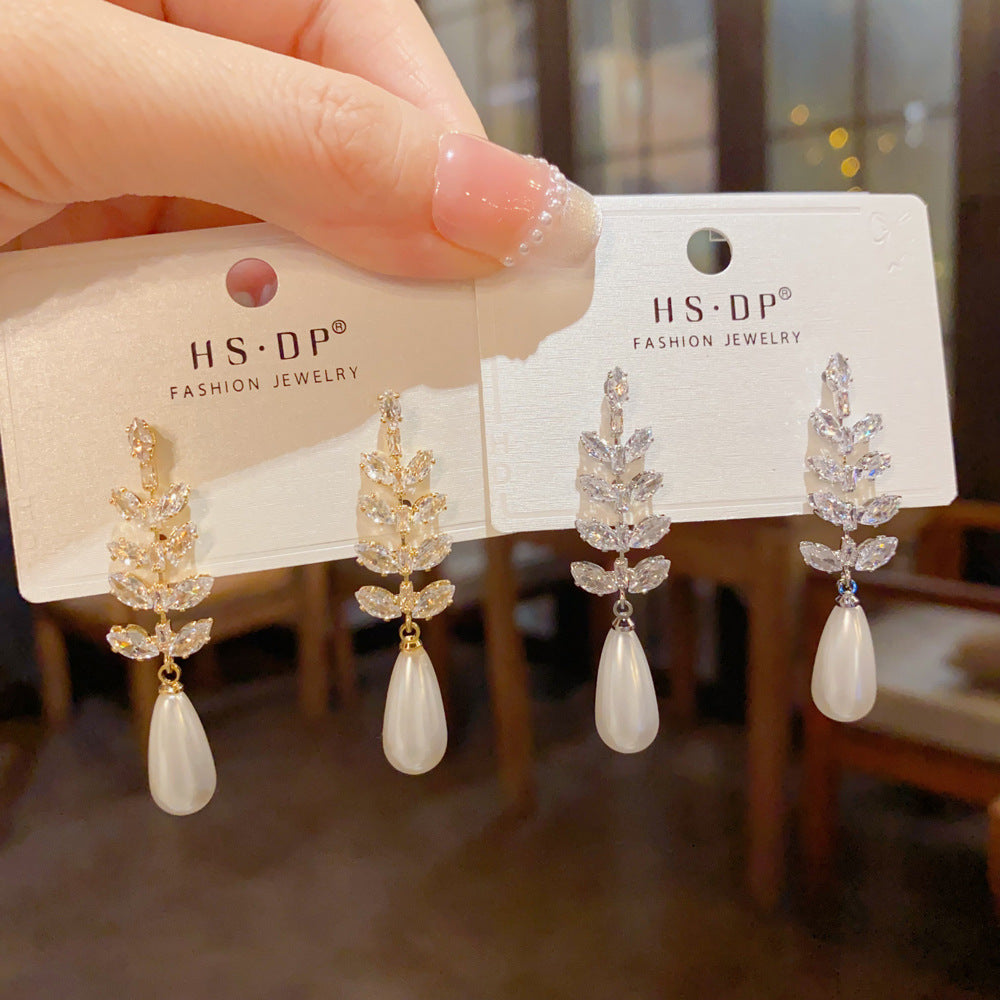 Leaves Drop Earrings For Women With Copper Ear Pins, Real Gold Plated And Zircon Inlay