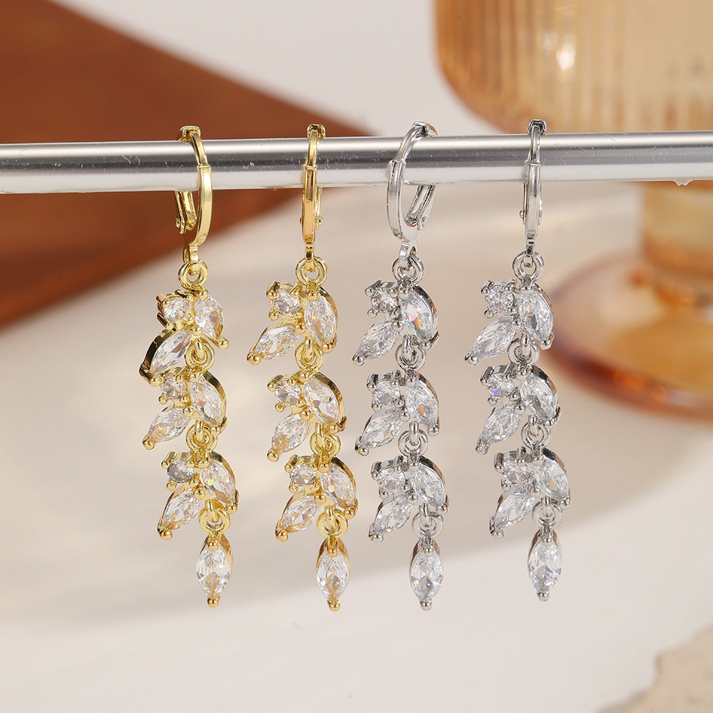 Leaves Drop Earrings For Women With KC Golden Plated Finish And Zircon Inlay, Featuring Platinum Color