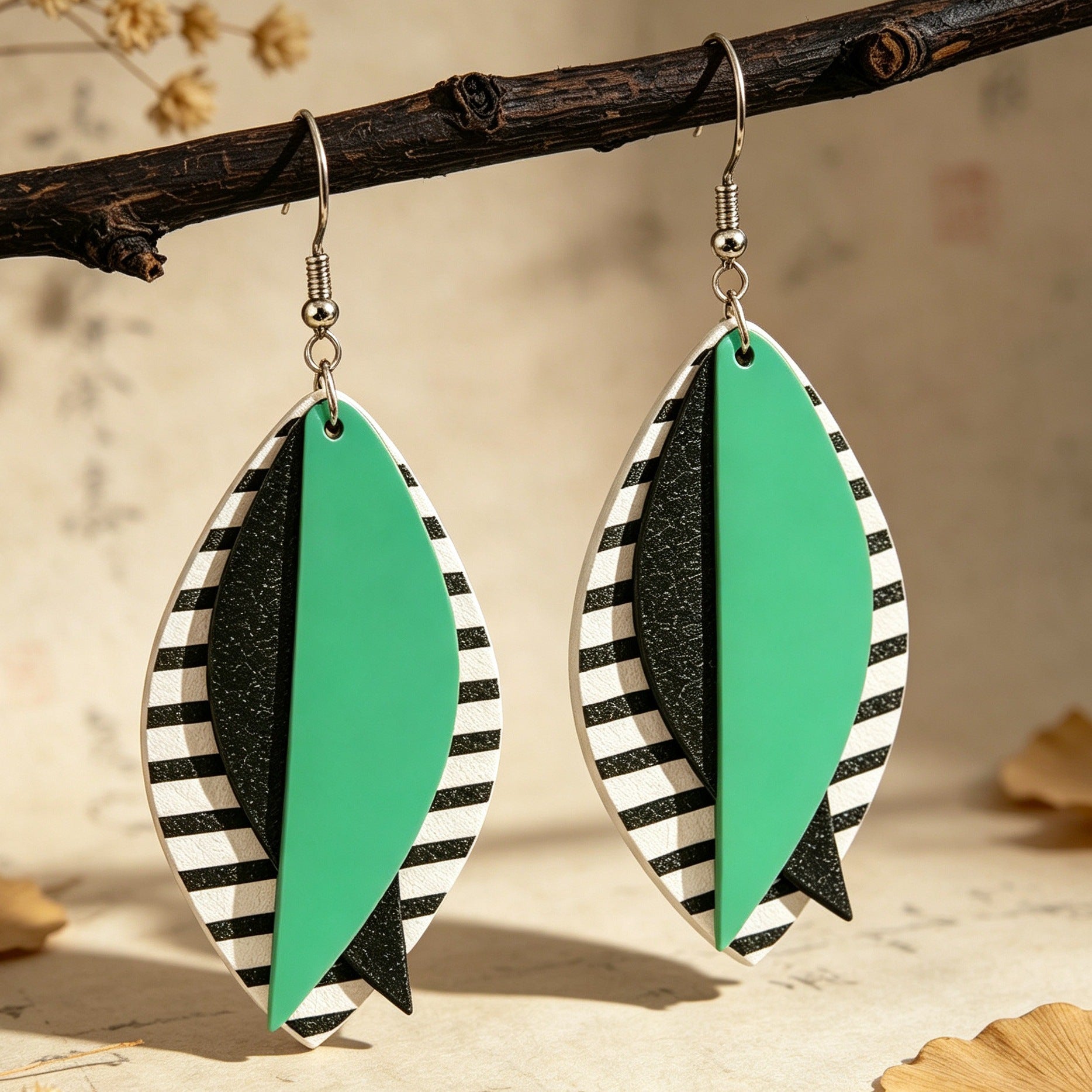 Bohemian Stripe Green Drop Earrings For Women With 304 Stainless Steel Ear Pins Featuring PU Leather