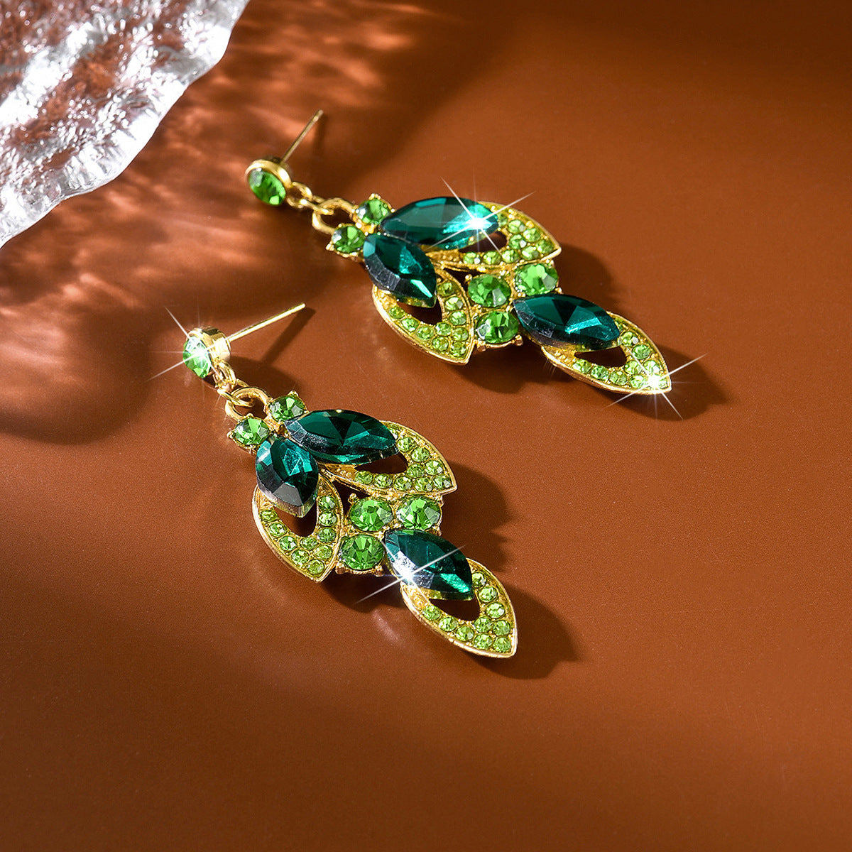 Luxurious Leaf Drop Earrings For Women Featuring May Birthstone Emerald Rhinestones Inlay