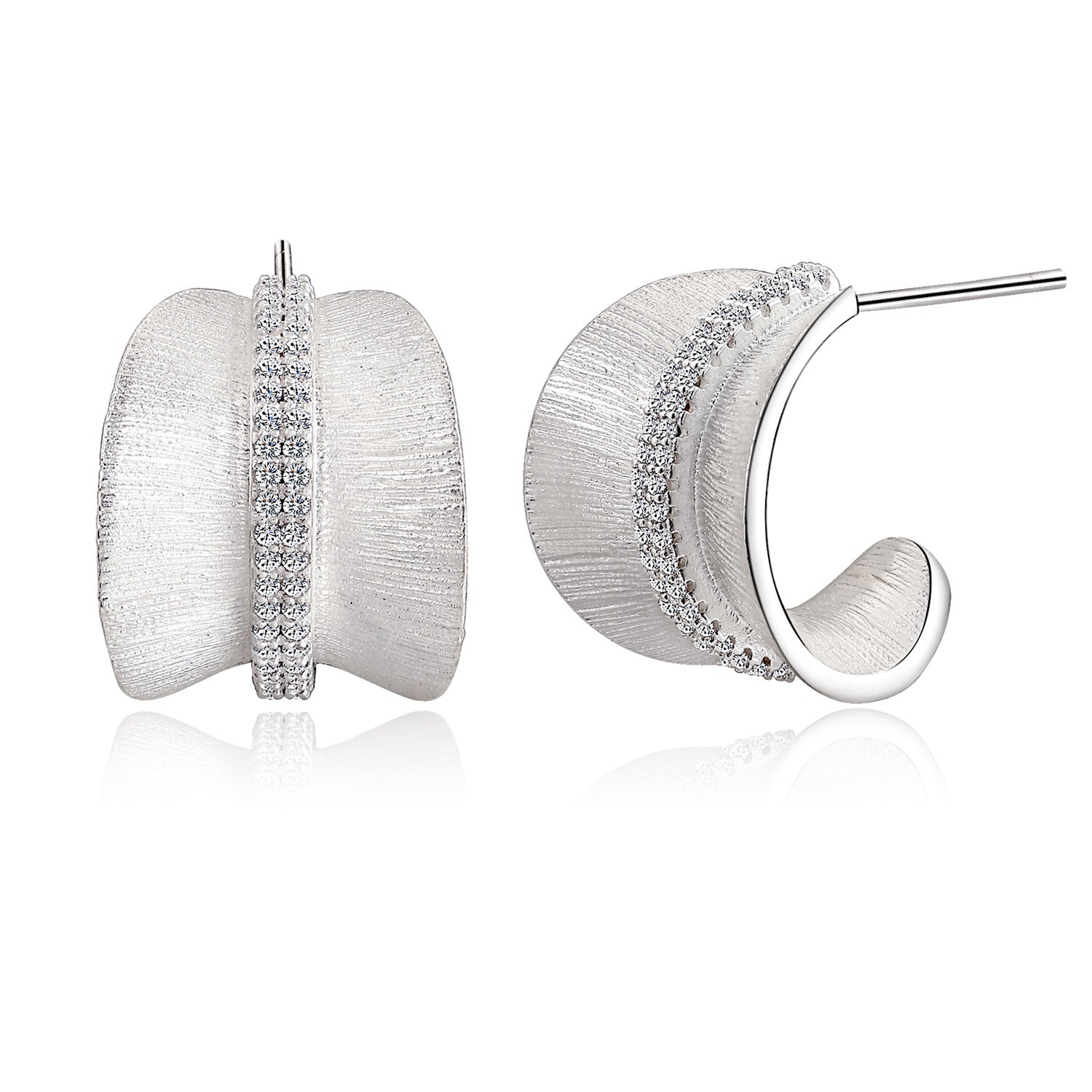 Brushed Silver Leaves Earrings For Women With Copper And Zircon, Featuring 925 Sterling Silver Ear Pins