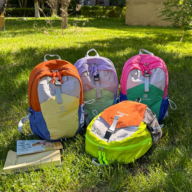 Color Block Nylon Hiking Backpack, Lightweight And Durable, Suitable For Summer, Fits 14 Inch Devices