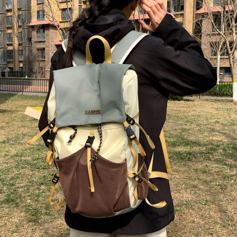 Color Block Hiking Backpack With Sewing Thread Detail, Lightweight 14 Inch Casual Summer Bag
